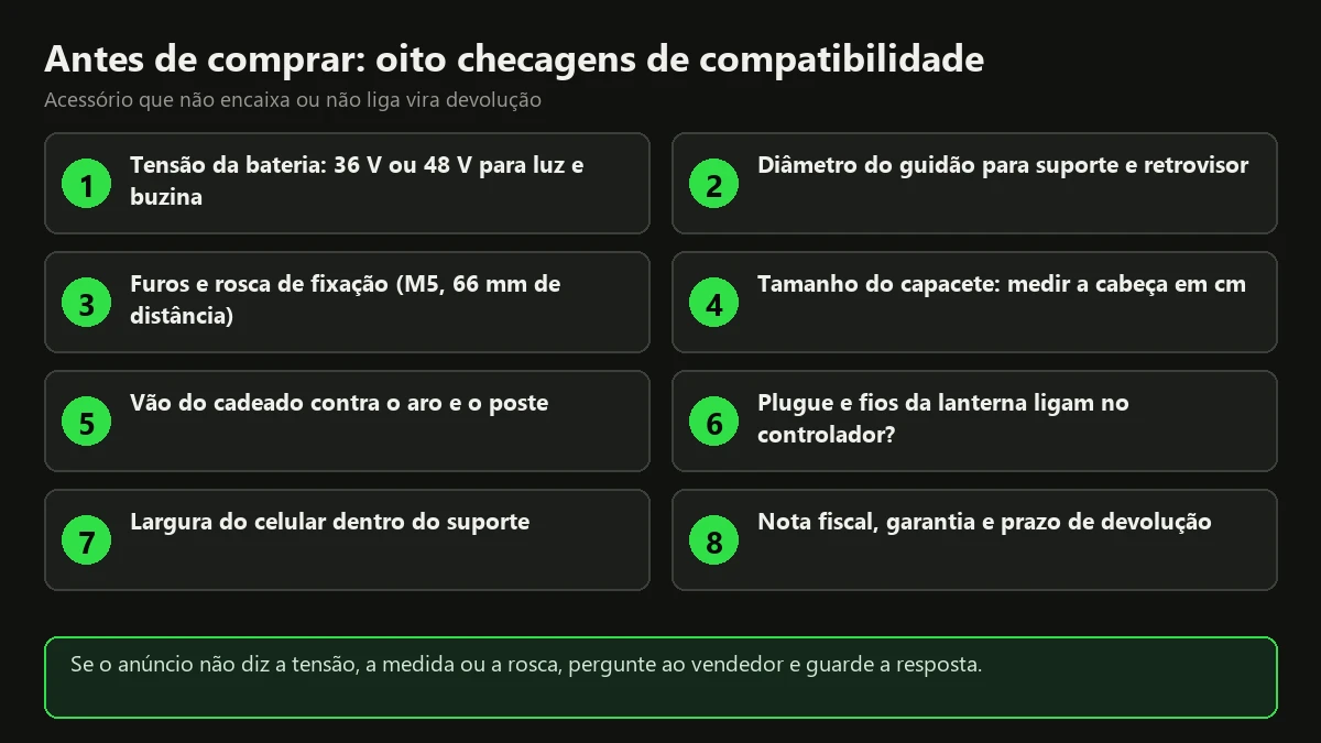 Checklist com oito checagens de compatibilidade antes de comprar acessórios para scooter e bicicleta elétrica, de tensão e guidão a nota fiscal
