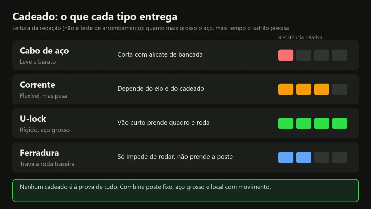 Comparação de quatro tipos de cadeado para bicicleta e scooter elétrica: cabo de aço, corrente, U-lock e ferradura, com nível de resistência relativa