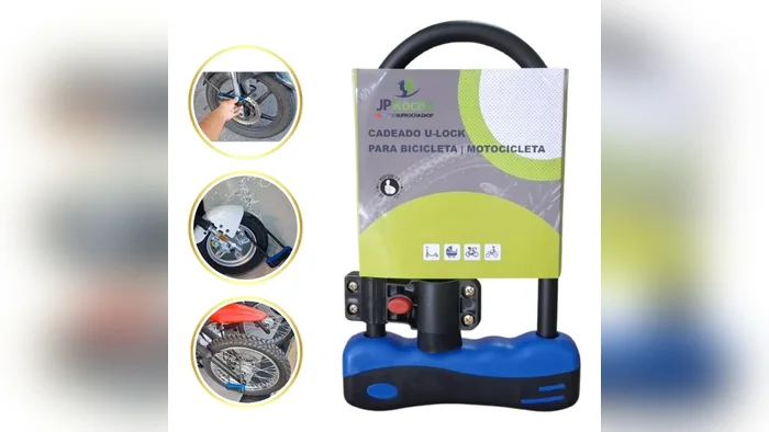 Cadeado U-lock azul e preto com suporte de fixação e chaves