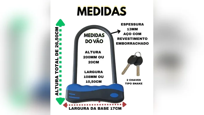 Medidas do cadeado em U: altura de 26,5 cm, vão de 20 x 10,5 cm e base de 17 cm