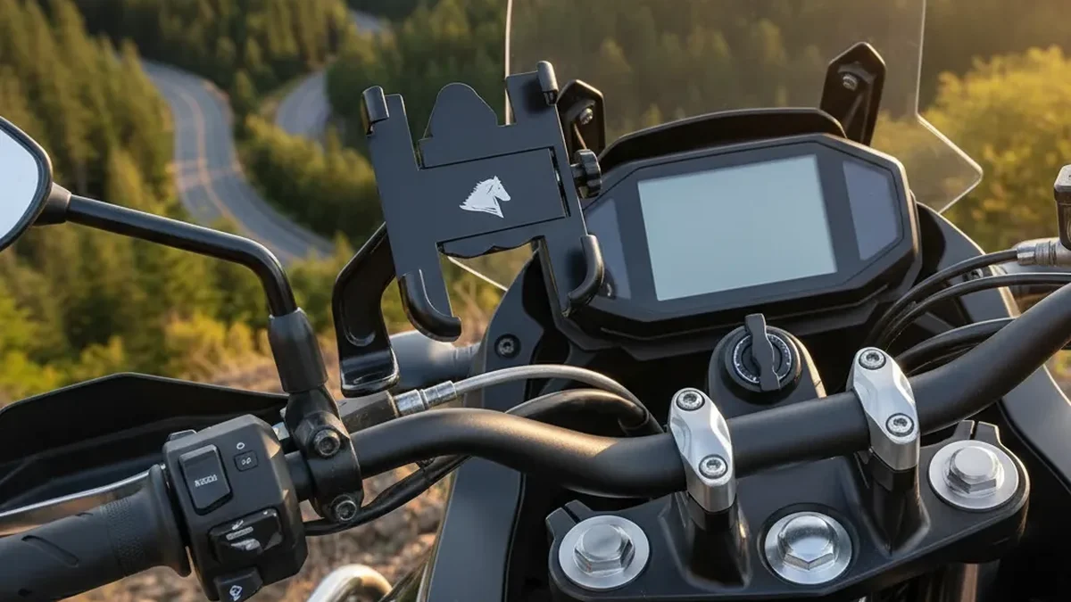 Suporte de celular preto fixado no guidão de uma moto numa estrada de serra, um dos acessórios para scooter elétrica de conforto