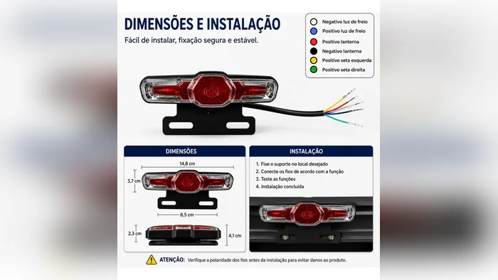 Dimensões e instalação da lanterna traseira, com fios de freio e seta