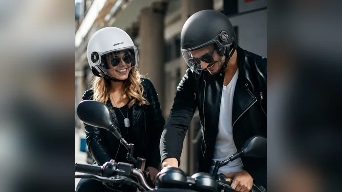 Casal com capacetes abertos Zurbe numa rua, imagem de uso do capacete