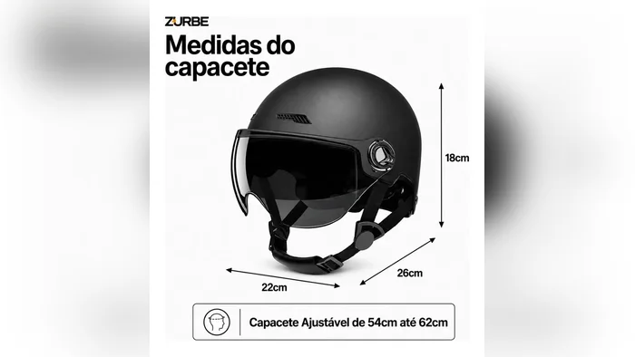 Medidas do capacete Zurbe, de 22 x 26 x 18 cm, com ajuste de 54 a 62 cm