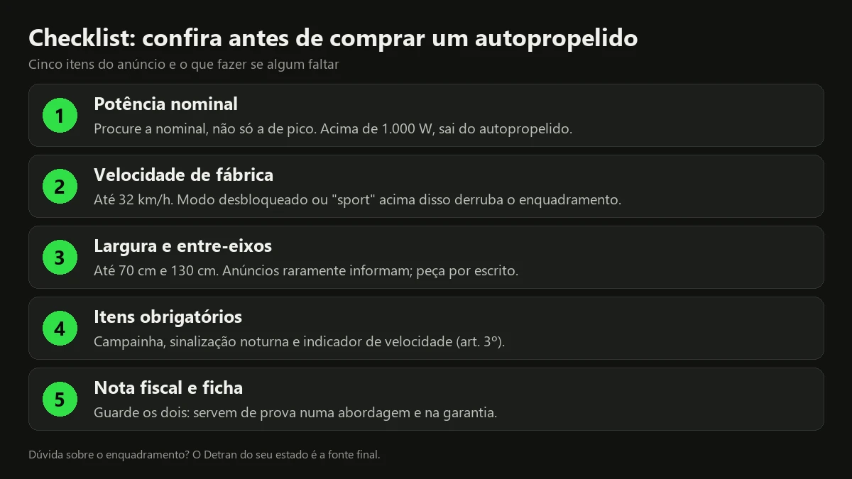 Checklist de compra de um veículo autopropelido: potência, velocidade, largura, entre-eixos e nota fiscal