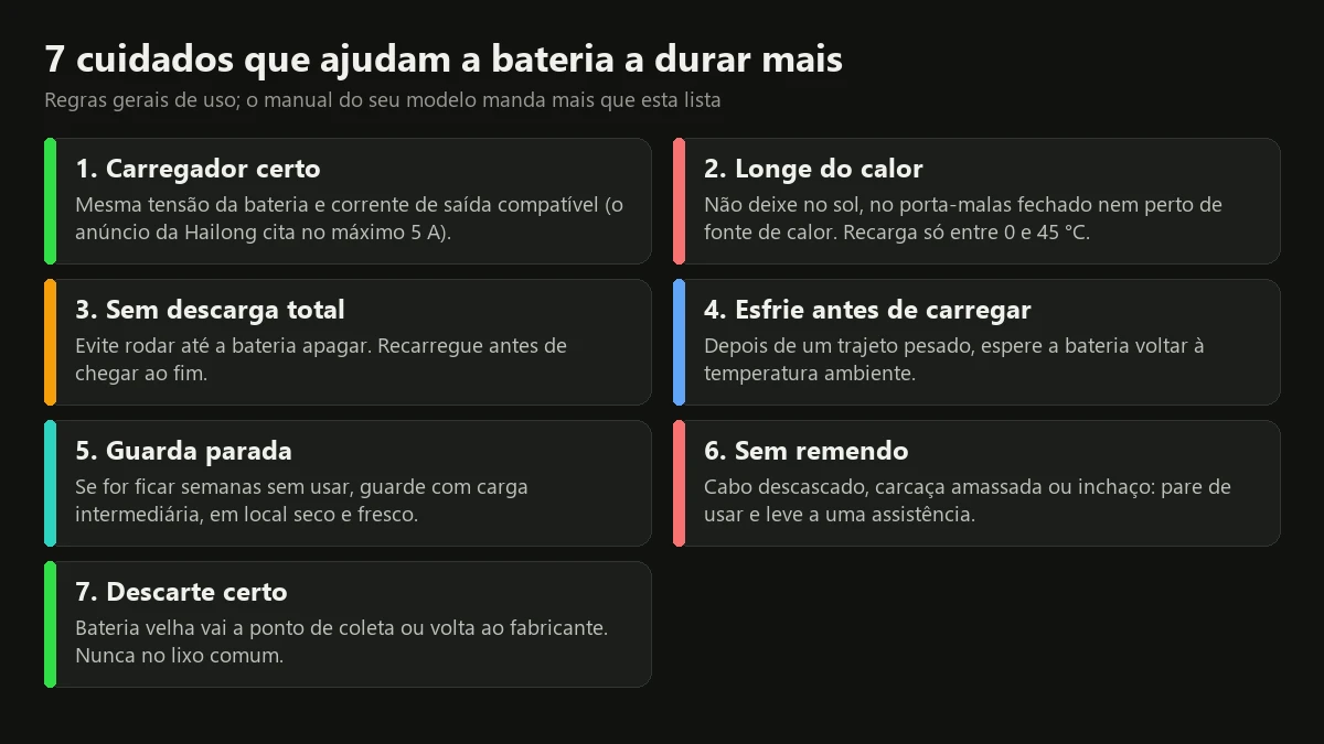 Sete cuidados para a bateria de bicicleta elétrica durar mais: carregador certo, longe do calor e descarte correto