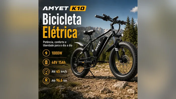 Amyet K10 em trilha, com bateria de 48 V e 15 Ah no infográfico