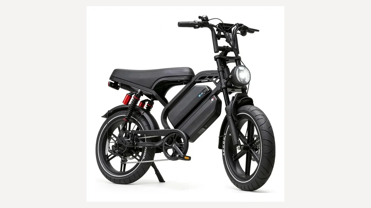 V9 Max S preta de lado, uma bicicleta elétrica 1000W com banco longo e pneu largo