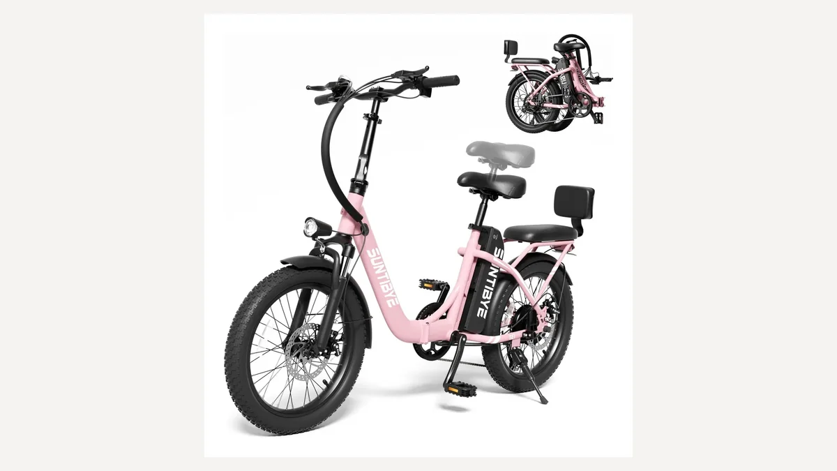 Amyet SE1 rosa, uma bike elétrica 1000W dobrável, aberta e dobrada