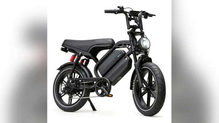 V9 Max S preta de lado, com bateria no quadro e pneu largo