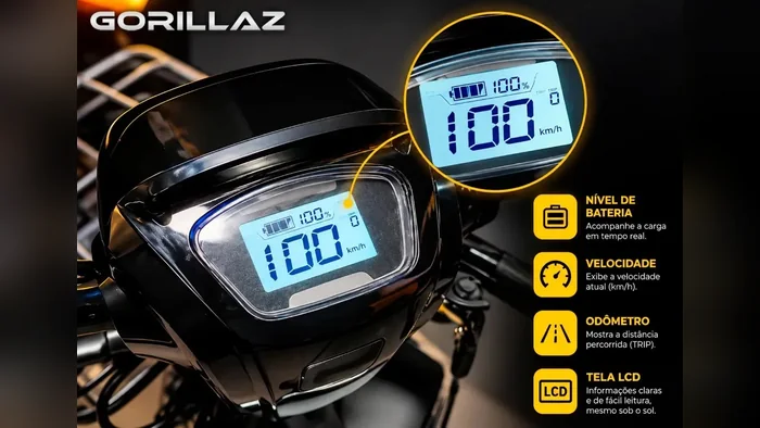 Painel LCD da Gorillaz GBE350PR com nível de bateria e velocidade