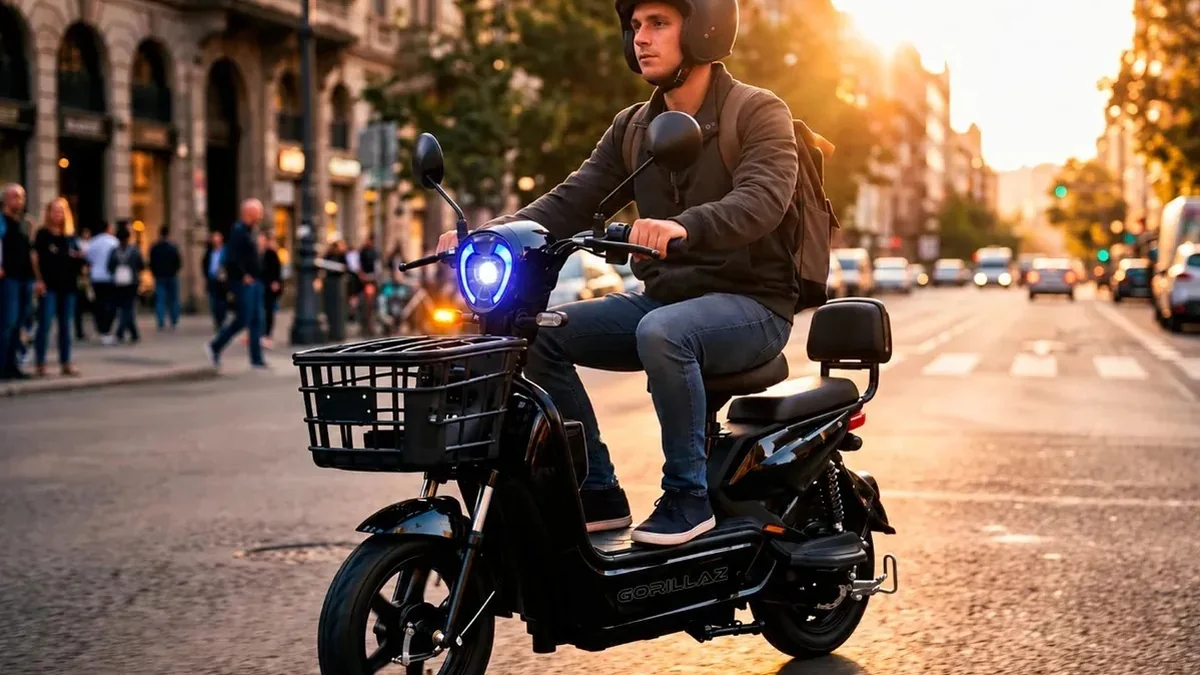Homem de capacete numa Gorillaz GBE350PR preta em avenida ao pôr do sol, uma bicicleta elétrica barata de chumbo-ácido com cesto frontal