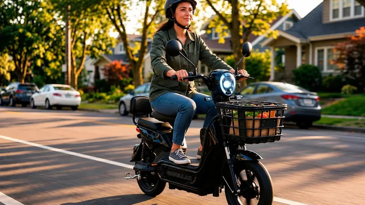 Mulher de capacete numa Gorillaz GBE350PR preta com cesto numa rua residencial, uma scooter vendida como bicicleta elétrica barata