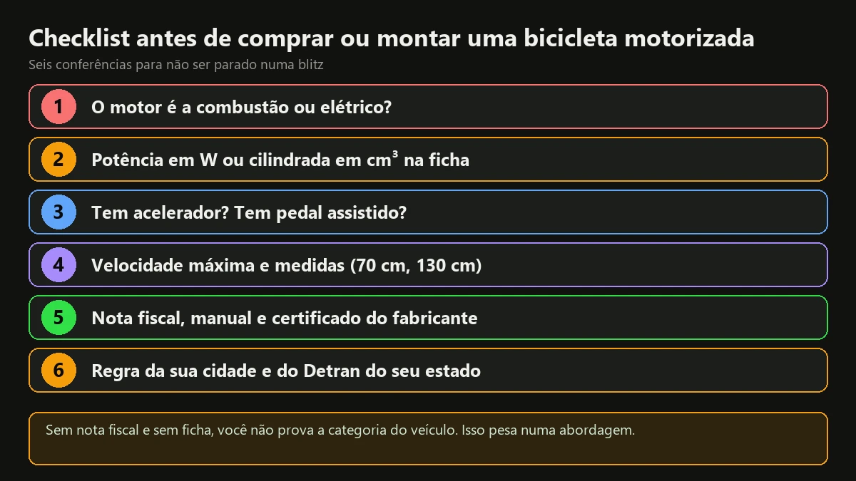 Checklist com seis conferências antes de comprar ou montar uma bicicleta motorizada: tipo de motor, potência, acelerador, velocidade, nota fiscal e regra local