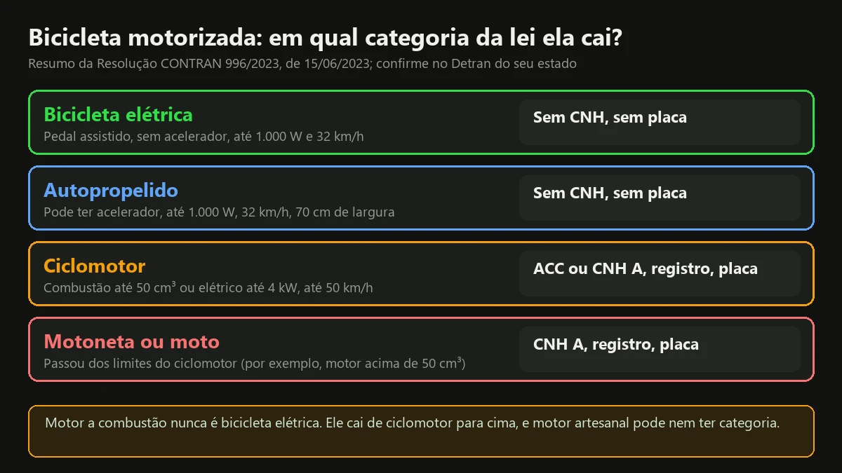 Quadro com as quatro categorias da Resolução CONTRAN 996/2023 para a bicicleta motorizada: bicicleta elétrica, autopropelido, ciclomotor e motoneta ou moto