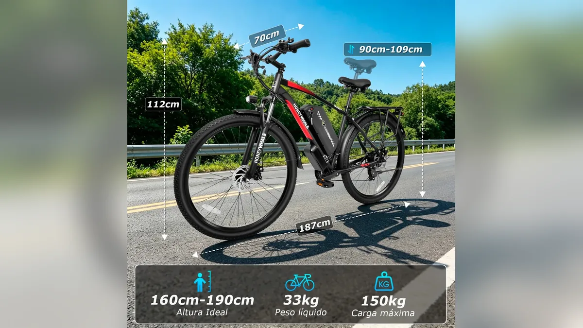 Dimensões da bicicleta elétrica Honeywhale S150 com altura ideal de 160 a 190 cm, peso de 33 kg e carga de 150 kg, dados para escolher a melhor bicicleta elétrica