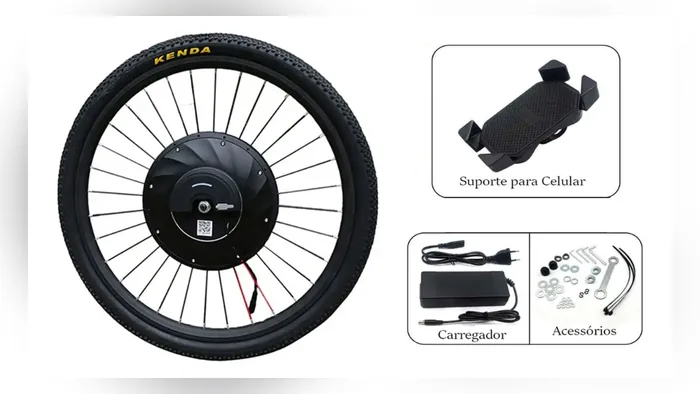 Roda dianteira com motor, carregador e acessórios do kit eMotorbike
