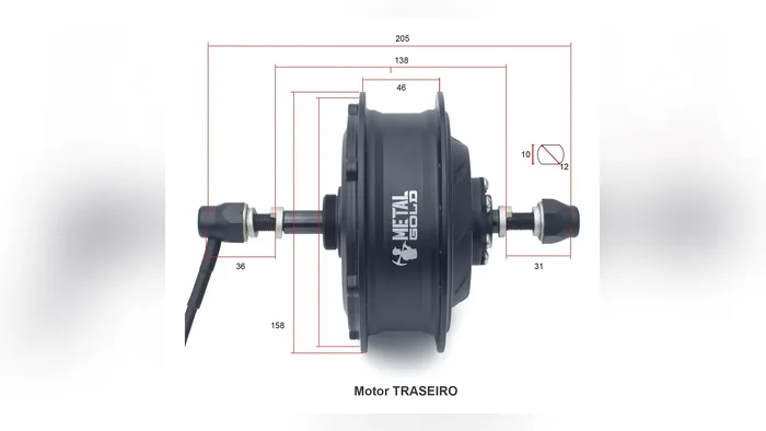 Desenho com as medidas do eixo e do cubo de um motor de kit para bicicleta elétrica