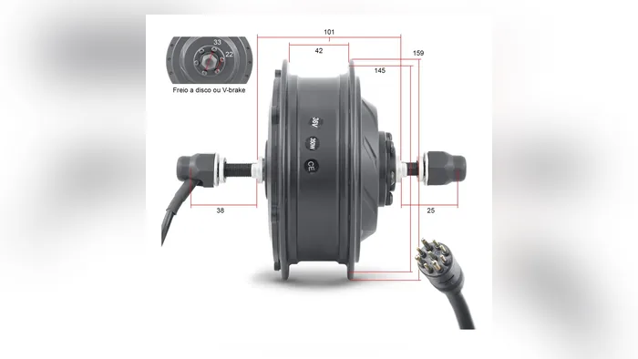 Medidas do eixo e do cubo do motor dianteiro de 500 W