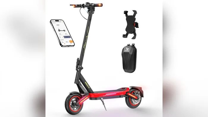 Patinete elétrico adulto E9 MAX-N preto e vermelho com celular e bolsa