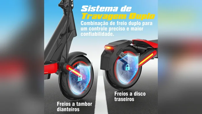 Freio duplo com tambor dianteiro e disco traseiro do patinete elétrico E9 MAX-N