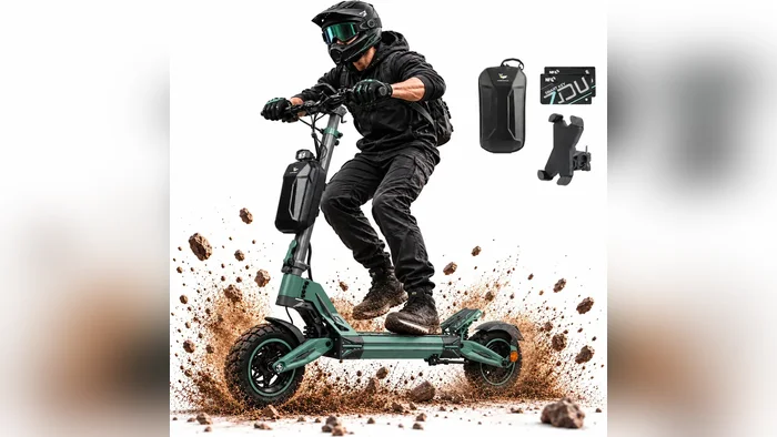 Patinete elétrico G2 Pro verde com piloto em trilha de terra