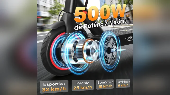 Roda traseira do patinete elétrico M2 Pro com motor de 500 W em destaque