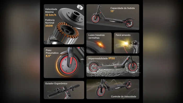 Quadro de especificações do patinete elétrico M2 Pro com velocidade, potência e pneu