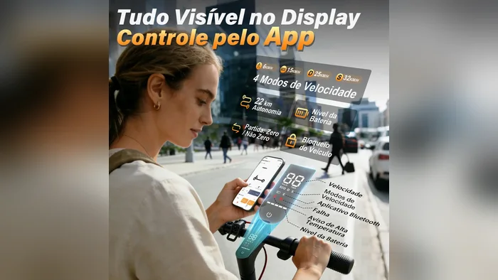 Tela do patinete elétrico M2 Pro e aplicativo de controle no celular