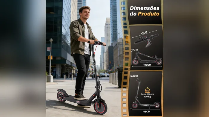Pessoa de pé no patinete elétrico M2 Pro com as medidas do produto