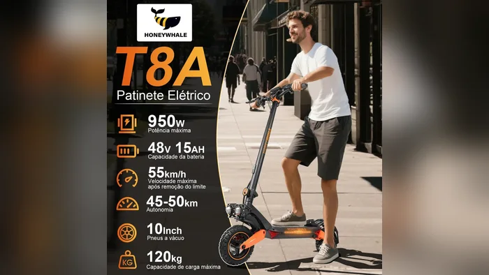 Motor de 950 W e subida de 15 graus do patinete elétrico T8a
