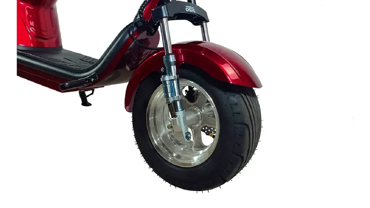 Roda dianteira e garfo da scooter elétrica X12 com pneu largo, aro de liga leve e freio a disco