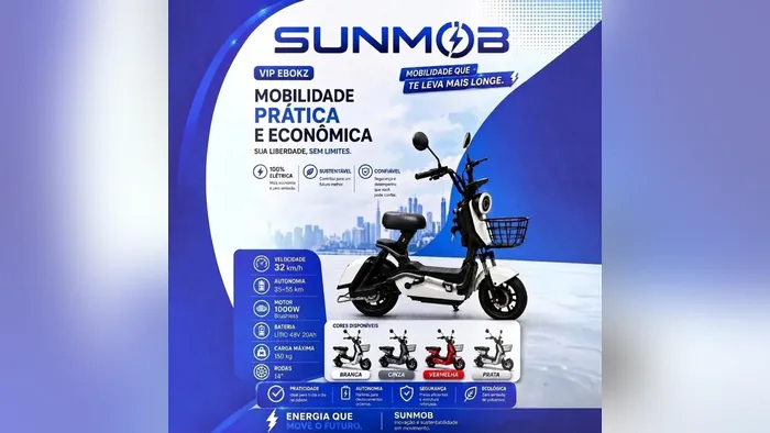 Infográfico do vendedor da Sunmob com velocidade de 32 km/h, motor de 1.000 W e bateria de 48 V e 20 Ah