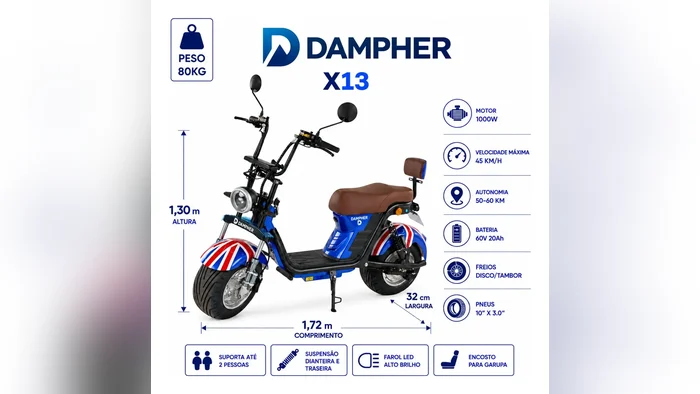Infográfico da Dampher X13 com peso de 80 kg, 1,30 m de altura e 1,72 m de comprimento