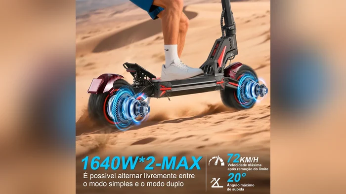 Infográfico dos dois motores de 1640 W da Honeywhale G4 Max em uma duna