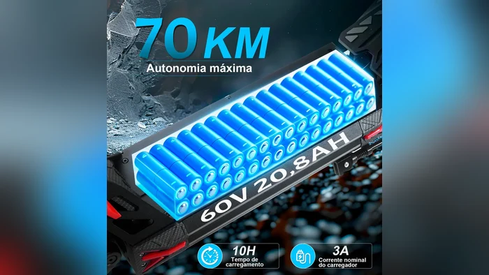 Infográfico da bateria de 60 V e 20,8 Ah da Honeywhale G4 Max, 70 km de autonomia