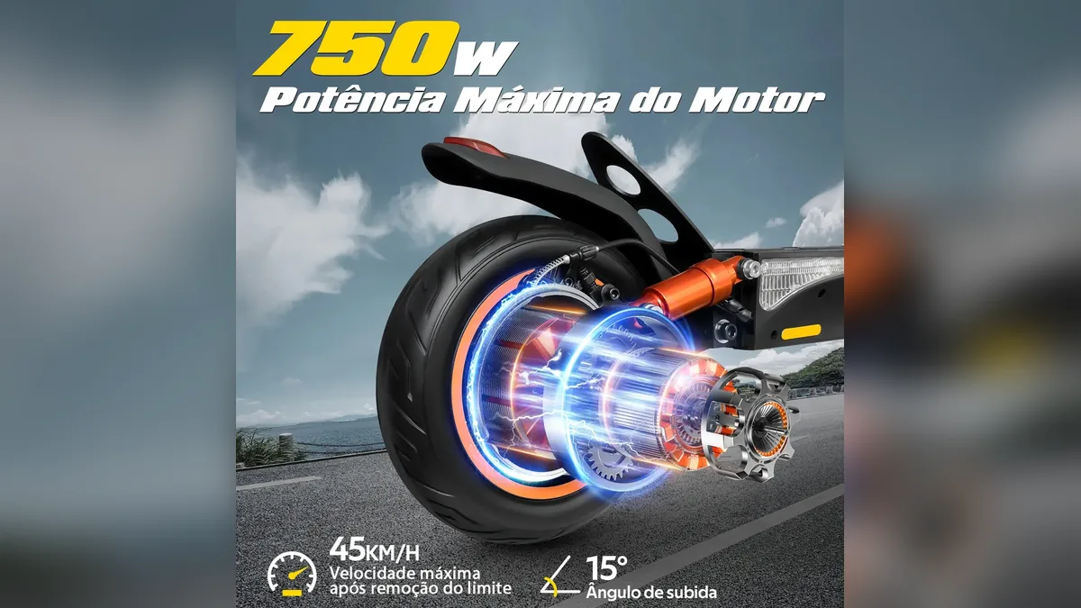 Roda traseira do patinete elétrico Honeywhale T4A com motor de 750 W e pneu de 10 polegadas em destaque