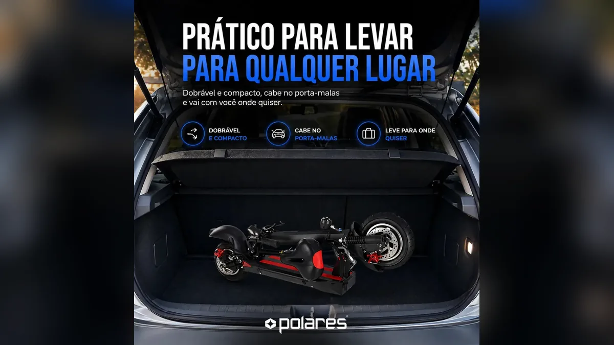 Patinete elétrico Polares T10PRO dobrado dentro do porta-malas de um carro hatch