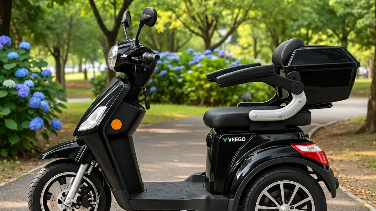 Triciclo elétrico preto Veego Spark parado em uma alameda de parque, de lado, com baú traseiro e encosto para o passageiro