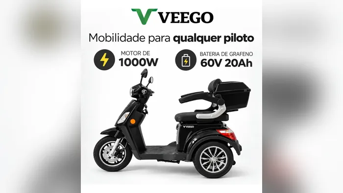 Triciclo elétrico Veego Spark com 1.000 W e bateria de 60 V, de lado
