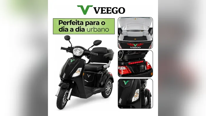 Triciclo elétrico Veego Spark em uso urbano, com baú e farol