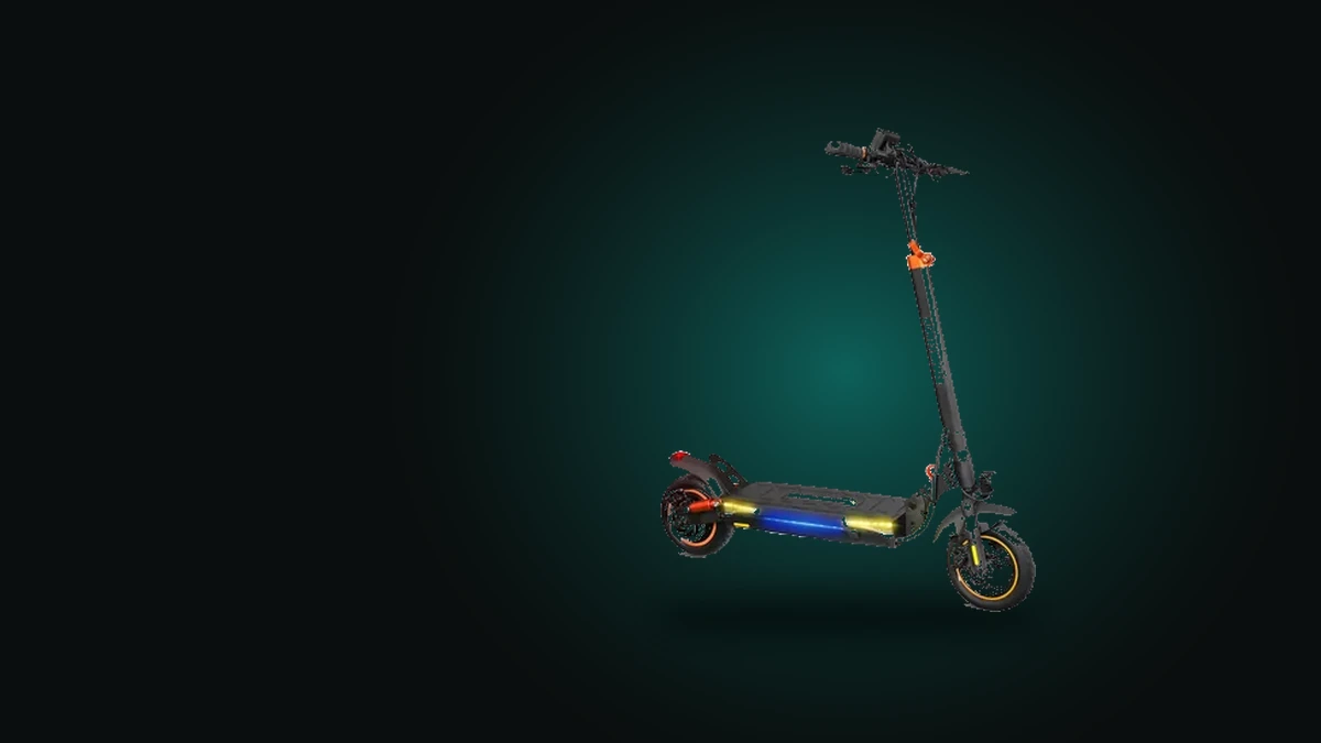 Scooter elétrica autopropelida de 750 W sobre fundo verde-escuro: veículo autopropelido